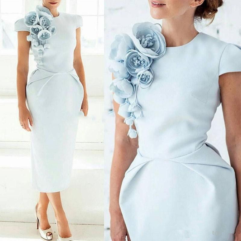 New Elegant Formal Evening Dresses with Hand Made Flower Pageant Capped Short Sleeve Tea-Length Sheath Prom Party Cocktail Gown