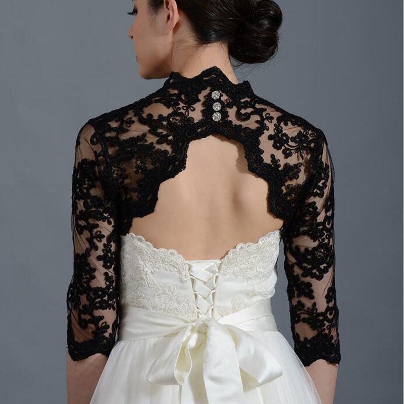 New Black Wedding Bolero Jacket Cap Wrap Shrug 2/3 Sleeve Front Open Lace Applique Sheer Bride Custom Jackets