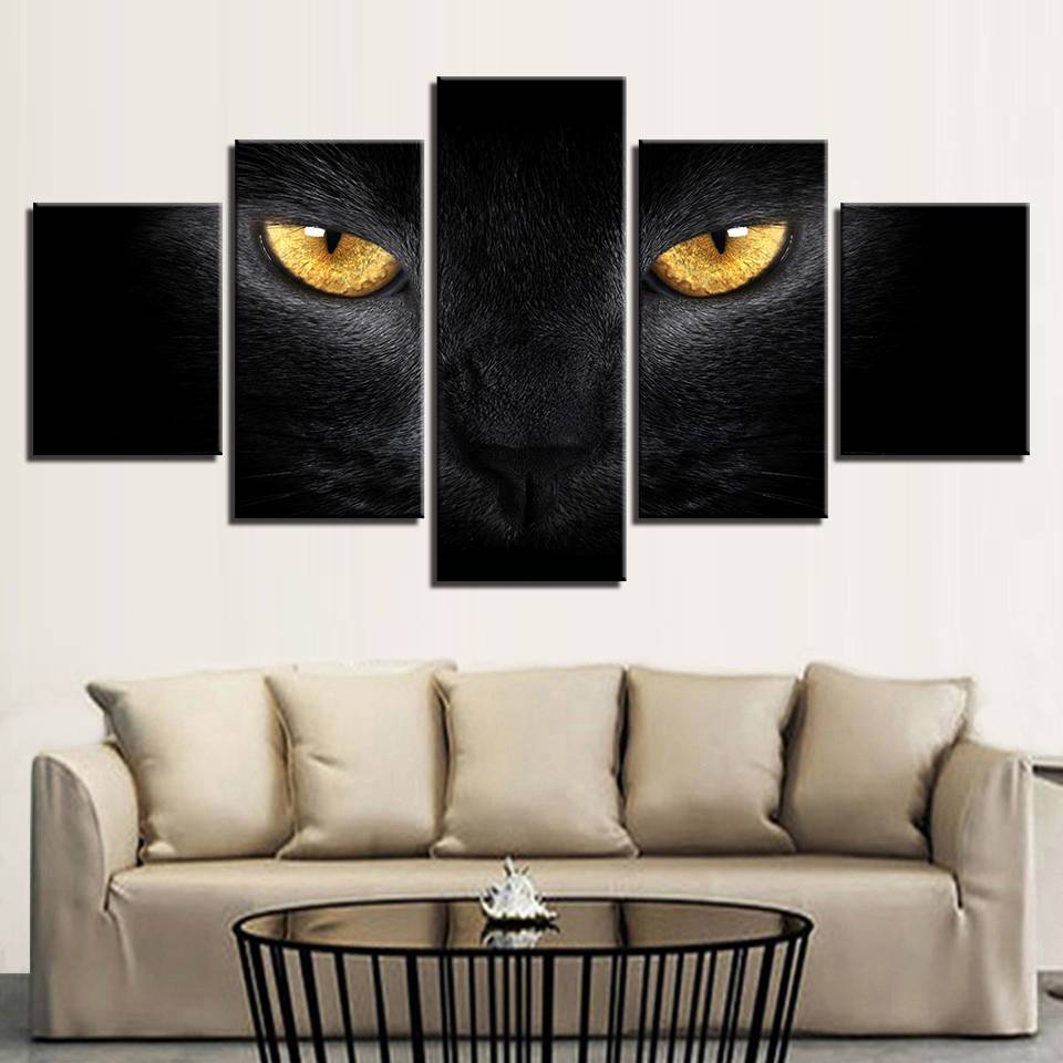 Modern Canvas Painting Wall Art Pictures 5Pcs Animal Black Cat Yellow Eyes Decor Living Room Modular HD Printed Poster(No Frame)