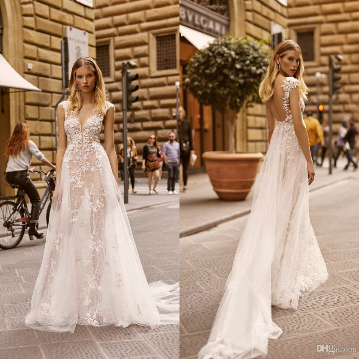 Berta 2020 New Wedding Dresses Sheer Jewel Neck Lace Appliqued Beach Boho Backless Beads Illusion Bridal Gowns Vestido De Novia