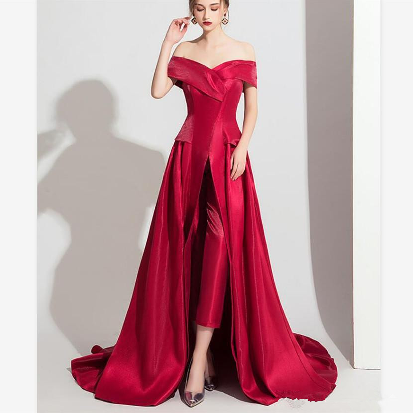 Dark Red 2020 Jumpsuits Prom Dresses Off The Shoulder Evening Gowns One Shoulder Women Formal Pants Party Dress