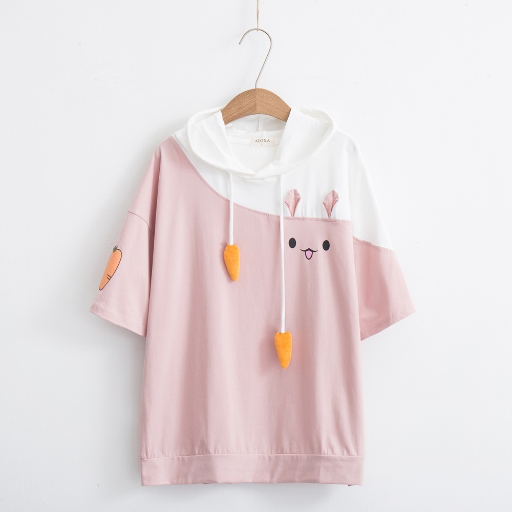 Japanese Harajuku Female Lovely Pink Rabbit T Shirts 2019 Cute Carrot Short Sleeve Anime Bunny Tee Tops Mori Girl Kawaii T-shirt Y19060601