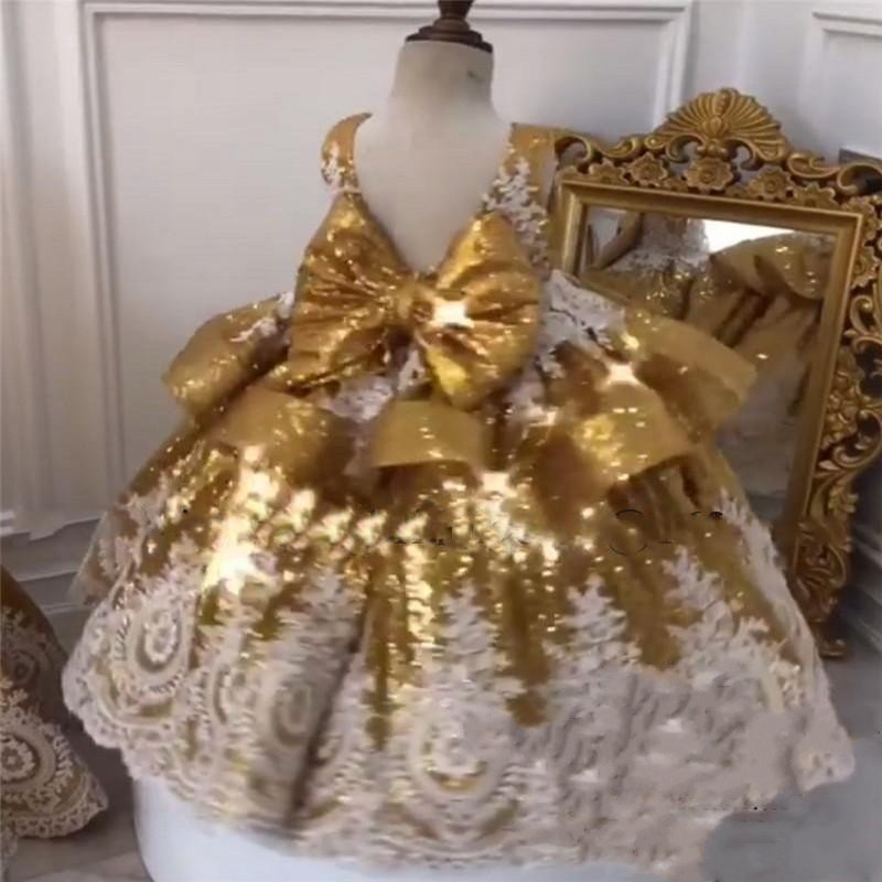 Cheap Gold Sequined Ball Gown Pageant Dresses Deep V Neck Lace Ruffles Bow Toddlers Flower Girls Dress First Communion Gowns