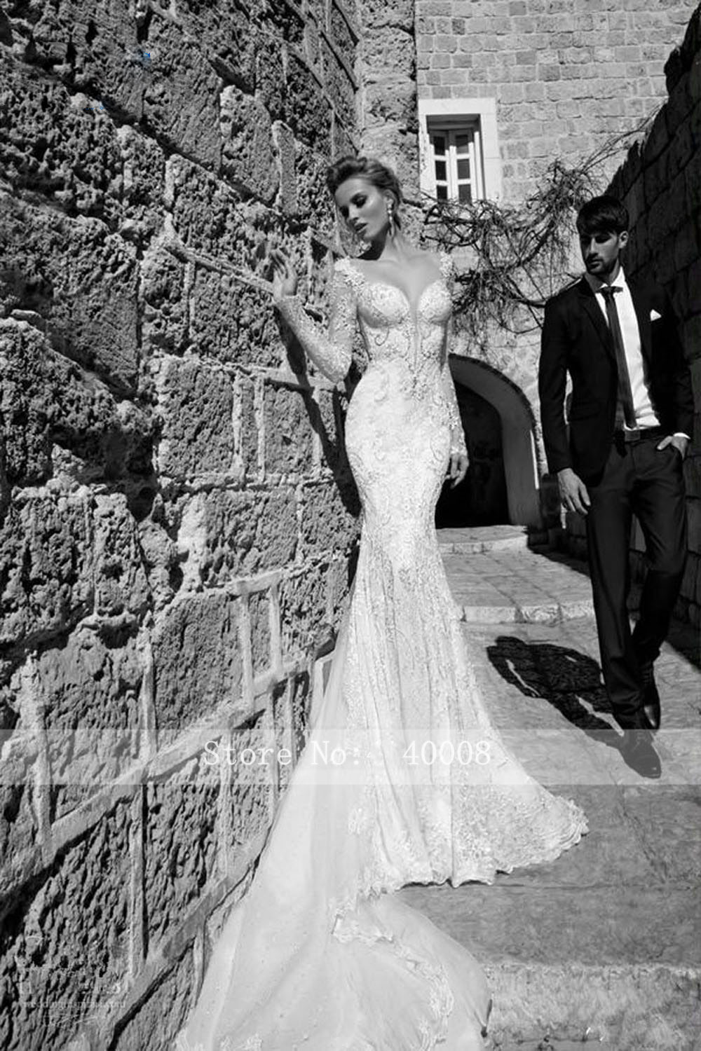 Sexy Backless Chapel Train V Neck Mermaid Wedding Dress Lace Pearl Beading Long Sleeve Vestige De Noiva Bride Dress