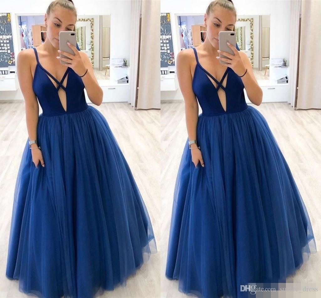 Blue Sexy Royal A Line Prom Dresses V Neck Satin Tulle Spaghetti Straps Floor Length Formal Dress Eevening Party Gowns Ogstuff Vestidos estidos