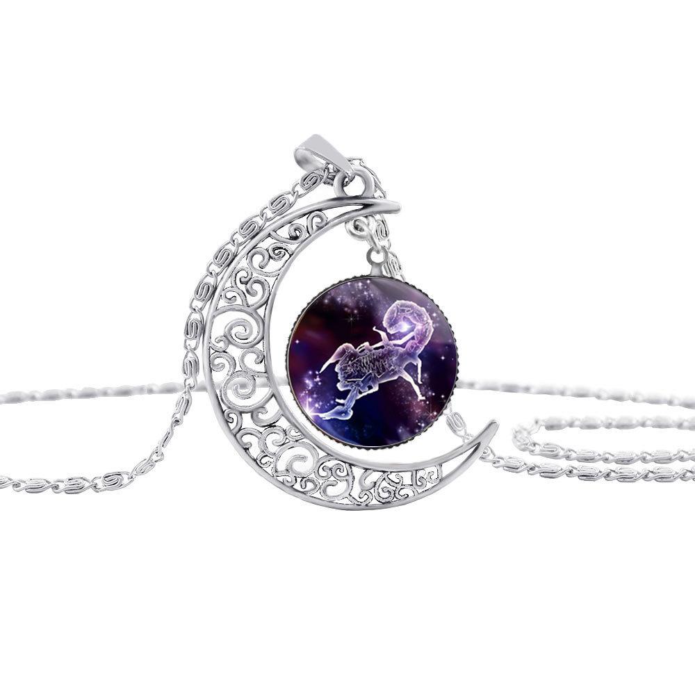 12 zodiac pendant necklaces Hollow Moon cabochons Glass Moonstone constellation starry sky Charm chokers For women s Fashion Jewelry