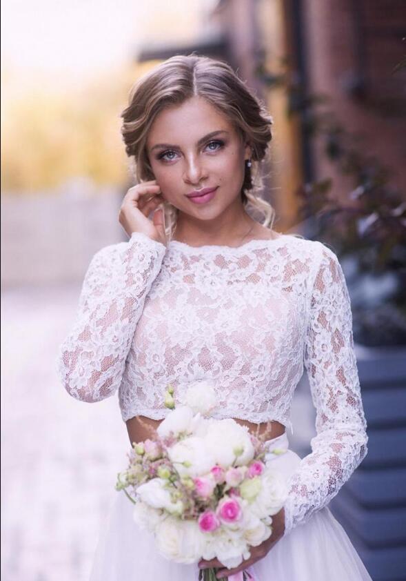 2019 New Beach Wedding Dresses Long Sleeves Lace Bride Gowns ruched two Pieces Princess Boho Long Sleeve With Tulle Bridal Dress zipper