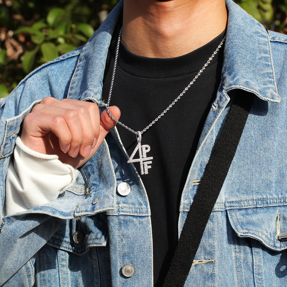 Pendant Necklaces 4PF Digital Letter Mosaic Zrcon Necklace Cuban Link Chain Hip Hop Performance Rap DJ Necklace11