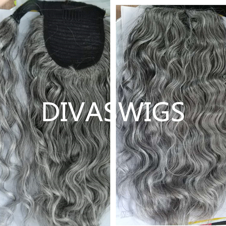 Fashion new grey wavy human hair pony tail wraps loose wavy gray drawstring clip in ponytail hairpiece 100g 120g free ship