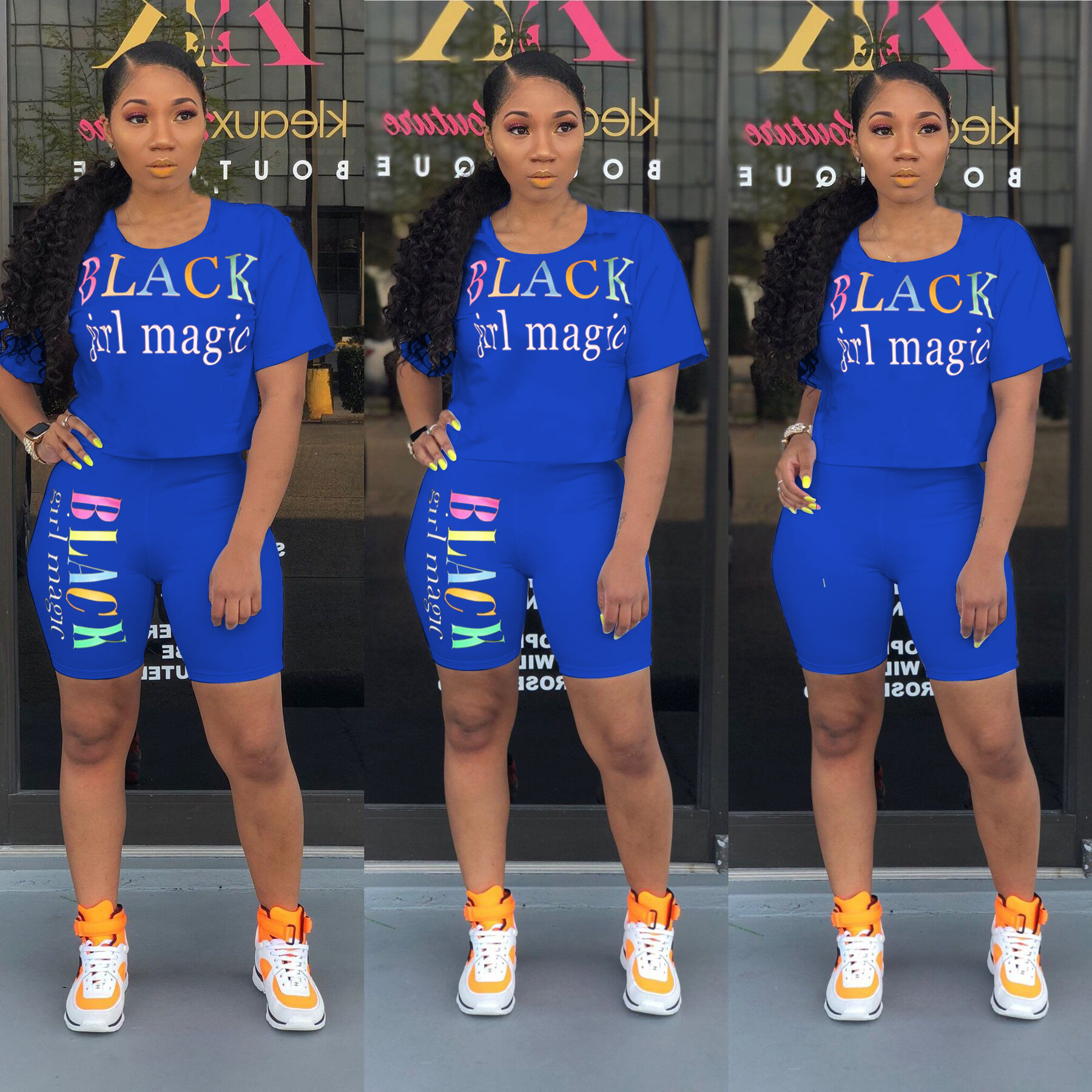 Spot Tracksuits European and American spring summer round neck short sleeve letter printed casual sports suit female