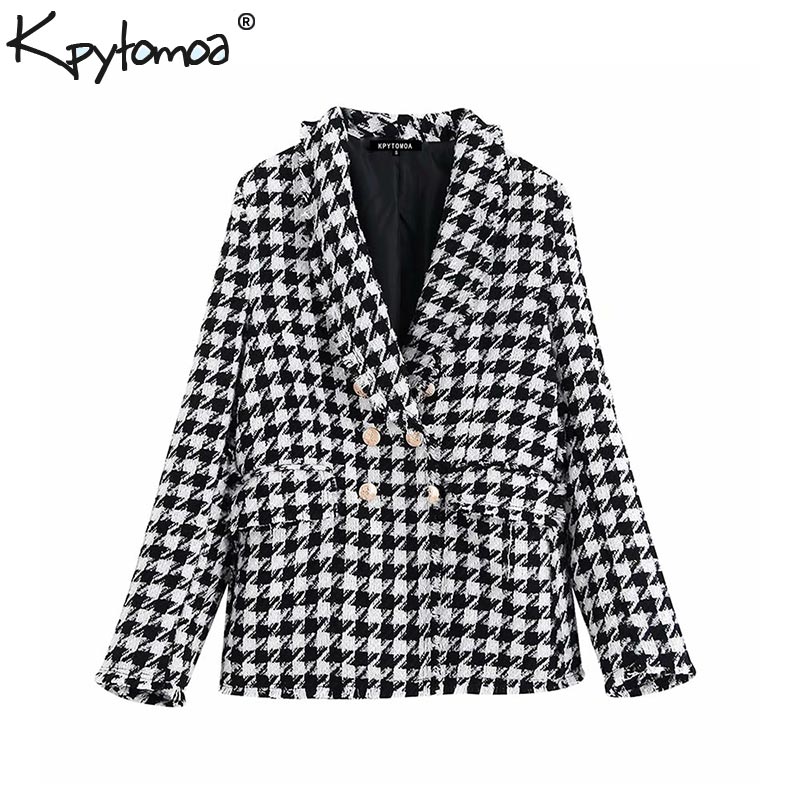 Vintage Stylish Houndstooth Double Breasted Blazer Coat Women Fashion Long Sleeve Frayed Trims Outerwear Chic Plaid Tops, As picture
Vintage Stylish Houndstooth Double Breasted Blazer Coat Women Fashion Long Sleeve Frayed Trims Outerwear Chic Plaid Tops, As picture