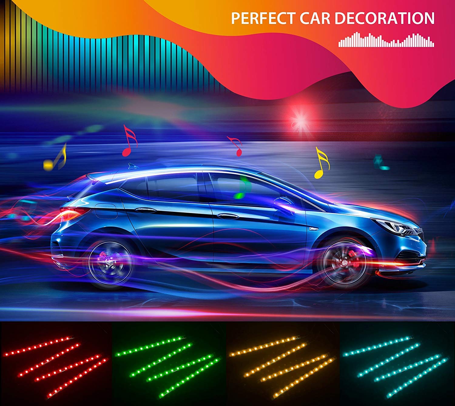 Car LED Strip Light 4Pcs 48 LEDs Multicolor Car Interior Light with Sound Active Function Wireless Remote Control Car Charger2019