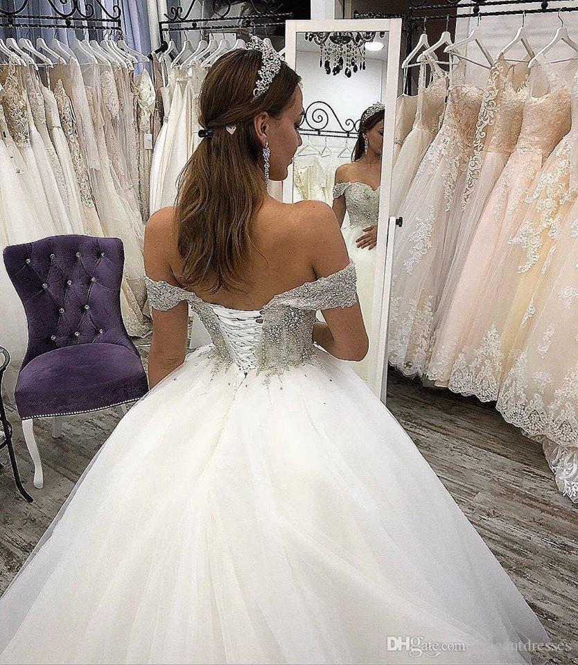 Sexy White New Off Shoulder A-Line Wedding Dresses Beaded Pearls Lace Up Back Chapel Train Bridal Gowns Robe De Mariee Customized