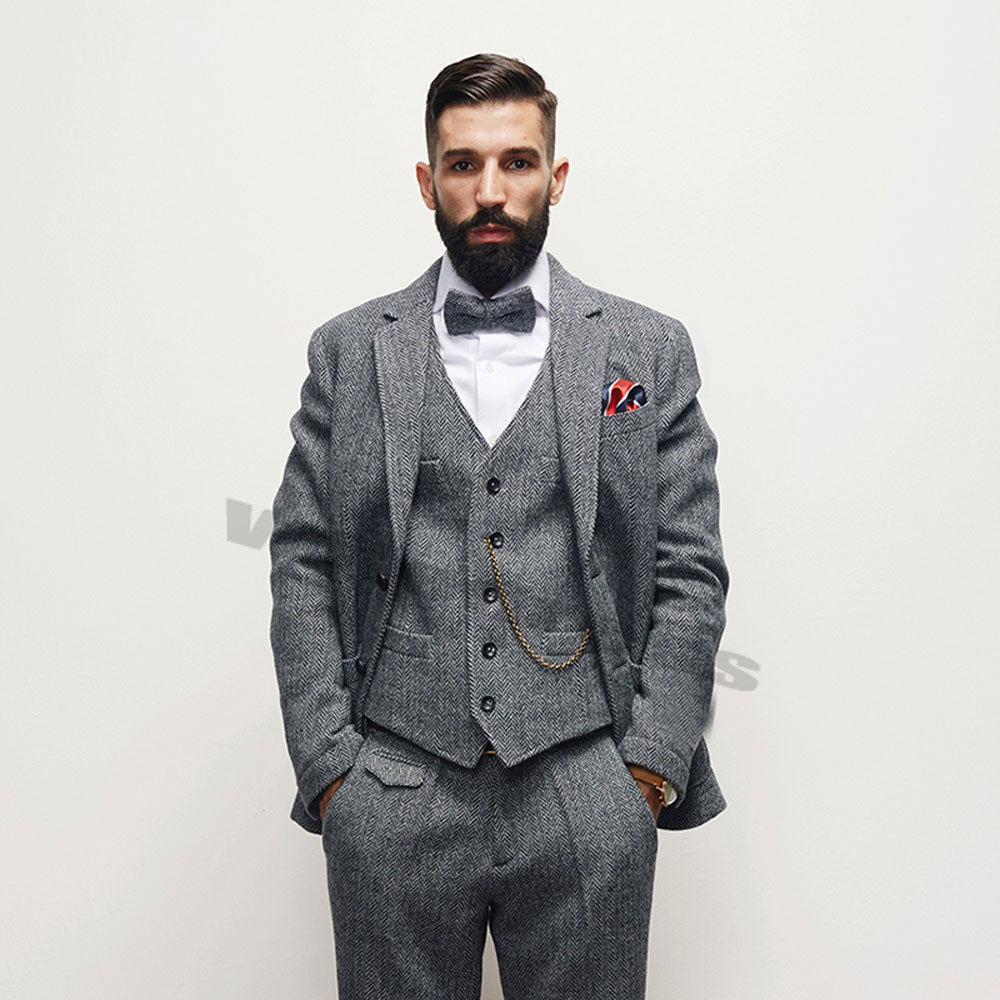 2019 Vintage Mens Suits Tweed Wool Check Suits Regular Fit Groom Tuxedos Custom Made Plaid Wedding Tuxedos Formal Dress Three Pieces