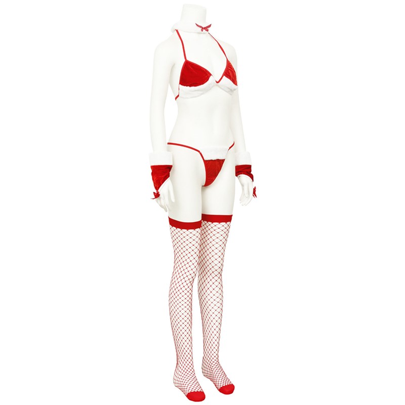 Christmas 6pcs Sexy Bunny Costume Lingerie Set Red Festive White Fuzzy Trim Bikini Swimsuit with Net Stockings Ear Headband Neckband Gloves