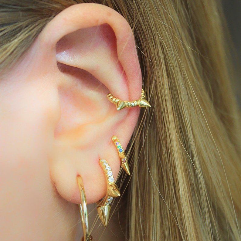 1 PIECE 925 sterling silver tiny cute spikes circle beaded band simple minimal ear cuff no piercing clip on earring