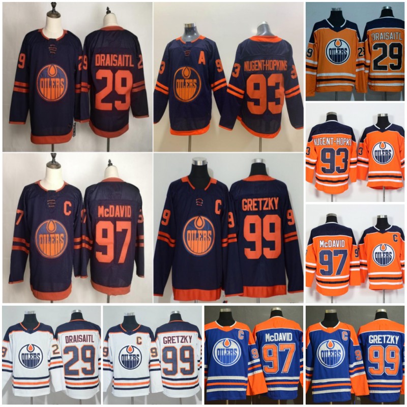 

New Edmonton Oilers 97 Connor McDavid Jersey 99 Wayne Gretzky Leon Draisaitl Milan Lucic Cam Talbot Nugent-Hopkins Men Women Youth Stitched, Women orange