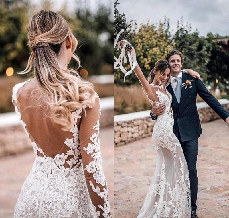 Mermaid Open Back Boho Wedding Dresses 2019 Long Sleeves Lace Garden Country Church Bride Bridal Gowns Custom Made Plus Size