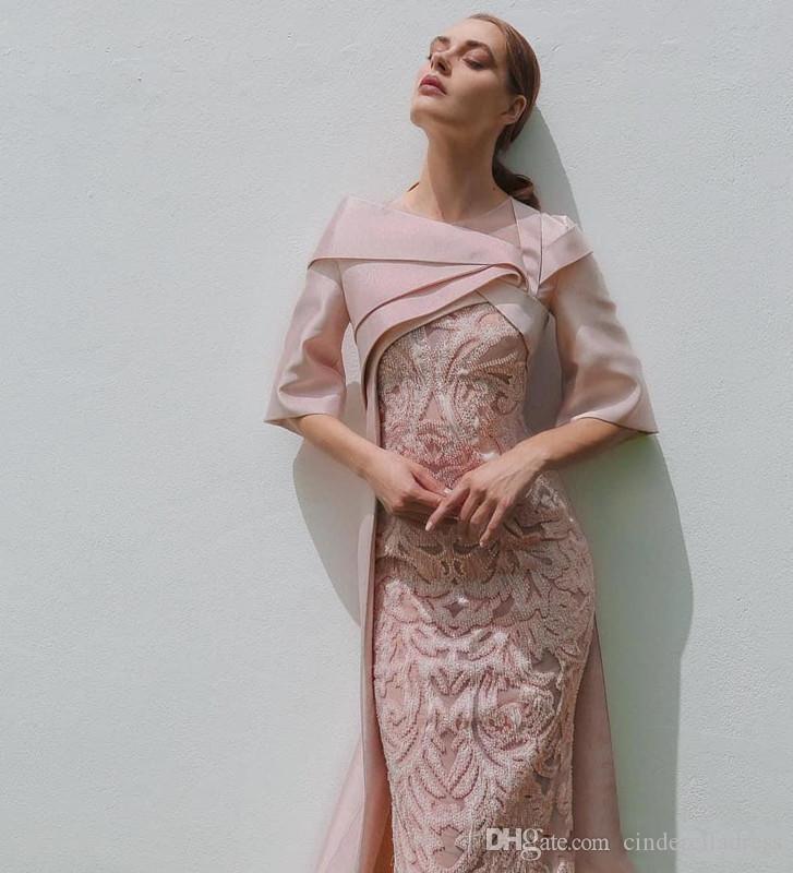 2020 African Dubai Evening Dresses with Cape Blush Pink Lace Stain Half Sleeve Formal Party Occasion Prom Dress Custom Made