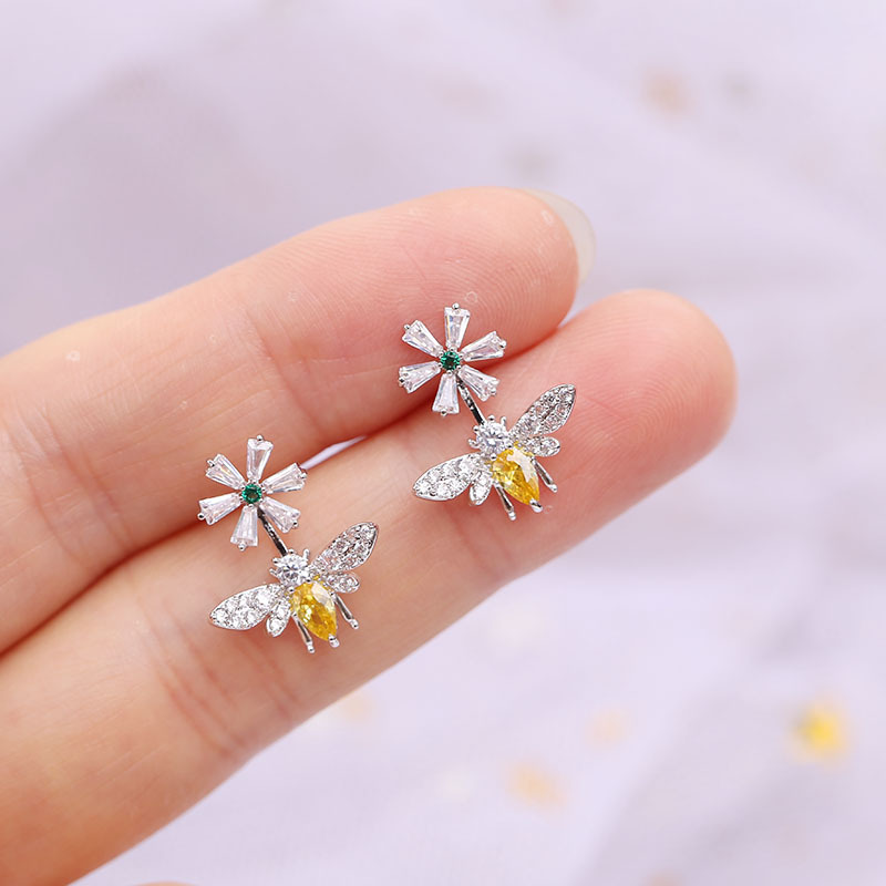 Shining Bling Flower Bee S925 Silver Needle Dangle Drop Earrings White Zircon Gold Plated Earring Jewelry Wholesale
