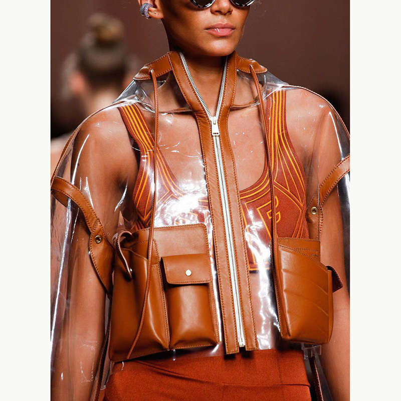 DEAT Brown Long-sleeved Hooded Large Pocket Short Transparent Leather Jacket Woman Casual Simple Fashion 2019 Autumn New TV813 CJ191216