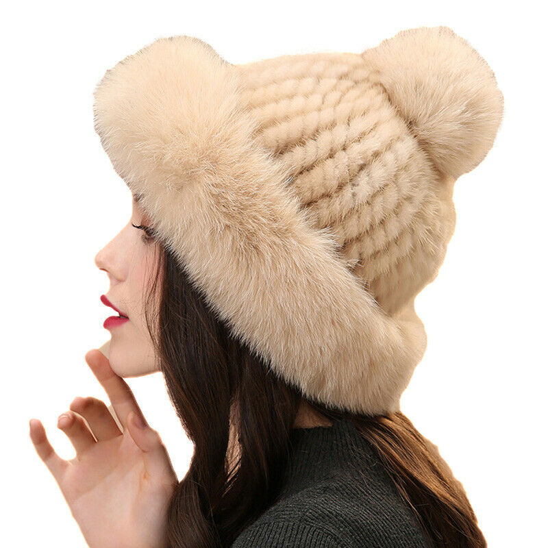 Real Mink Fur Christmas Hats Real Fox Fur Brim Winter Warm Cap For Women 9Colors
