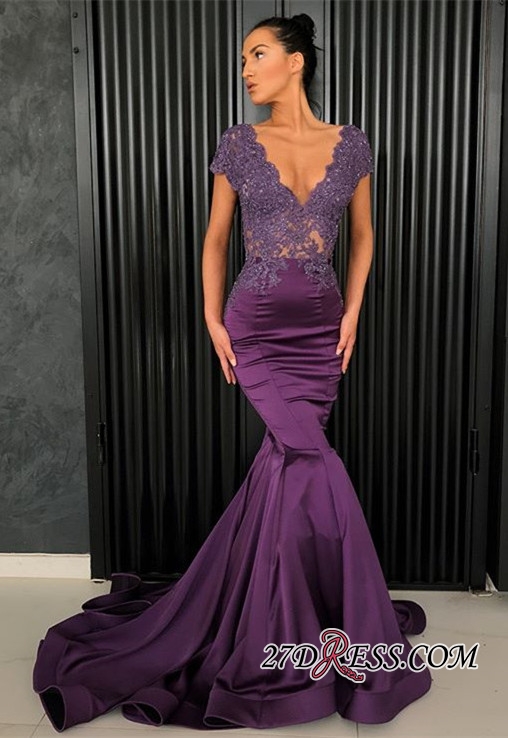 2019 Purple Evening Dresses V Neck Lace Appliqued Beads Satin Sweep Train Custom Made Mermaid Prom Dress Elegant Special Occasion Dress