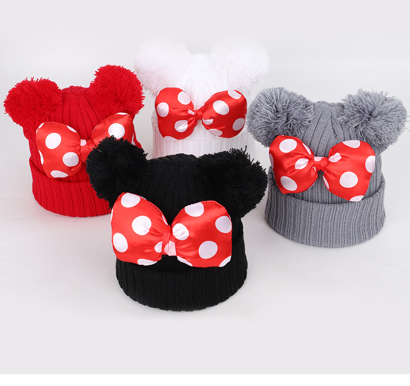 2020 4 Colors Baby Pom Pom Beanie Cap Toddler Kids Baby Girls Winter Warm Crochet Knitted Hat Double Fur Ball Dot Bow Printed Bow Hats M748