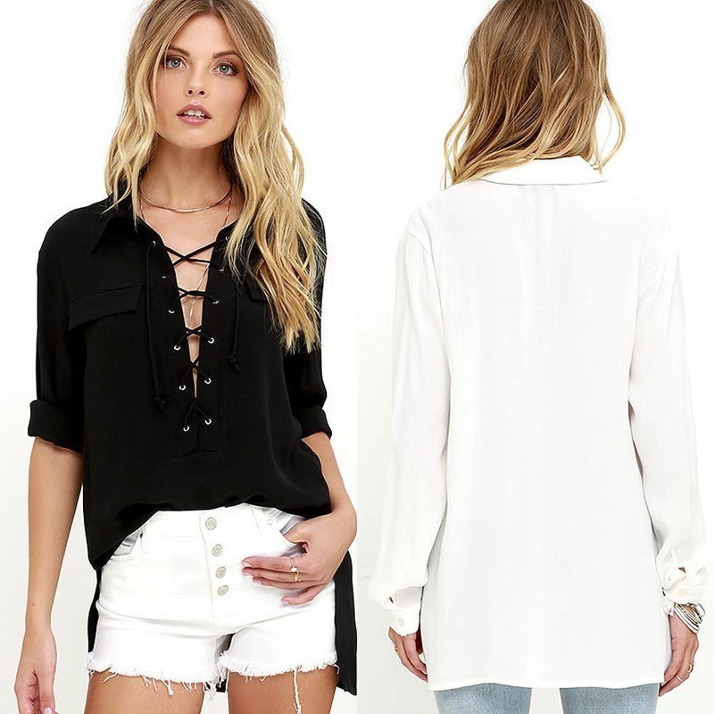 Chiffon Shirt Solid Shirt Women Casual Turn-down Collar Lace Up Front Short Back Long Sleeve Top Lady Summer Blouse, Black
Chiffon Shirt Solid Shirt Women Casual Turn-down Collar Lace Up Front Short Back Long Sleeve Top Lady Summer Blouse, Black