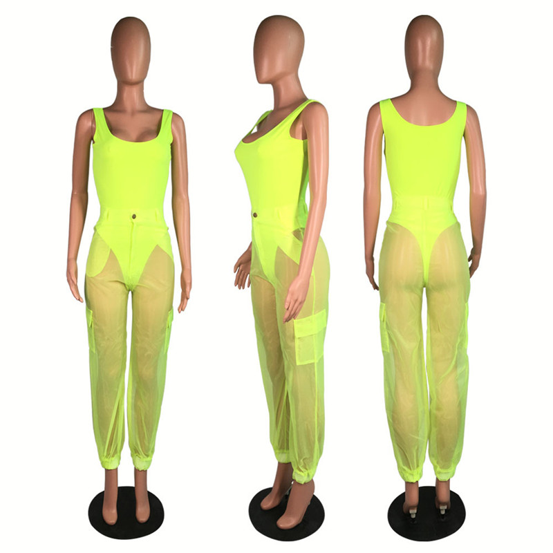ANJAMANOR Sexy Two Piece Set Bodysuit Top and Mesh Pants Neon Pink Green Summer 2 Piece Club Outfits Matching Sets D59-AB72