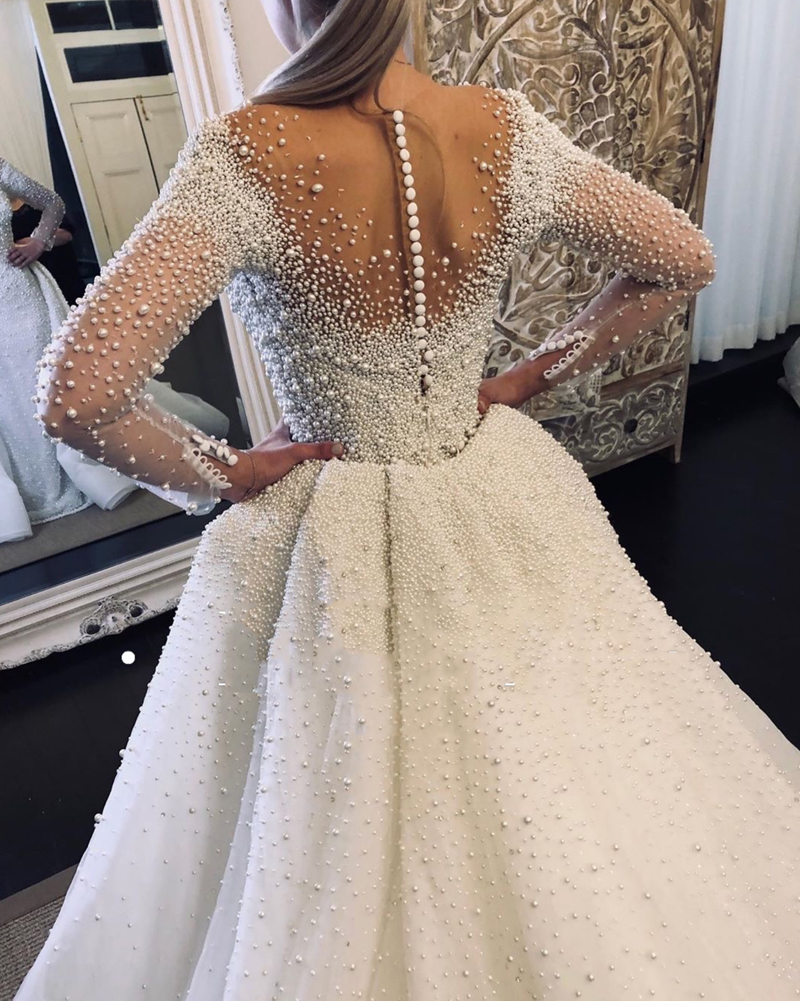 2025 Full Pearl Beaded Mermaid Wedding Dresses With Detachable Train Vintage Long Sleeves Saudi Arabic Plus Size Bridal Gown vestidos de noiva