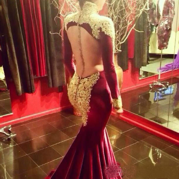 African Arabic Mermaid Prom Dresses Long Sleeve Gold Lace Appliqued High Collar Evening Dress Backless Sexy Party Gowns robes de soirée