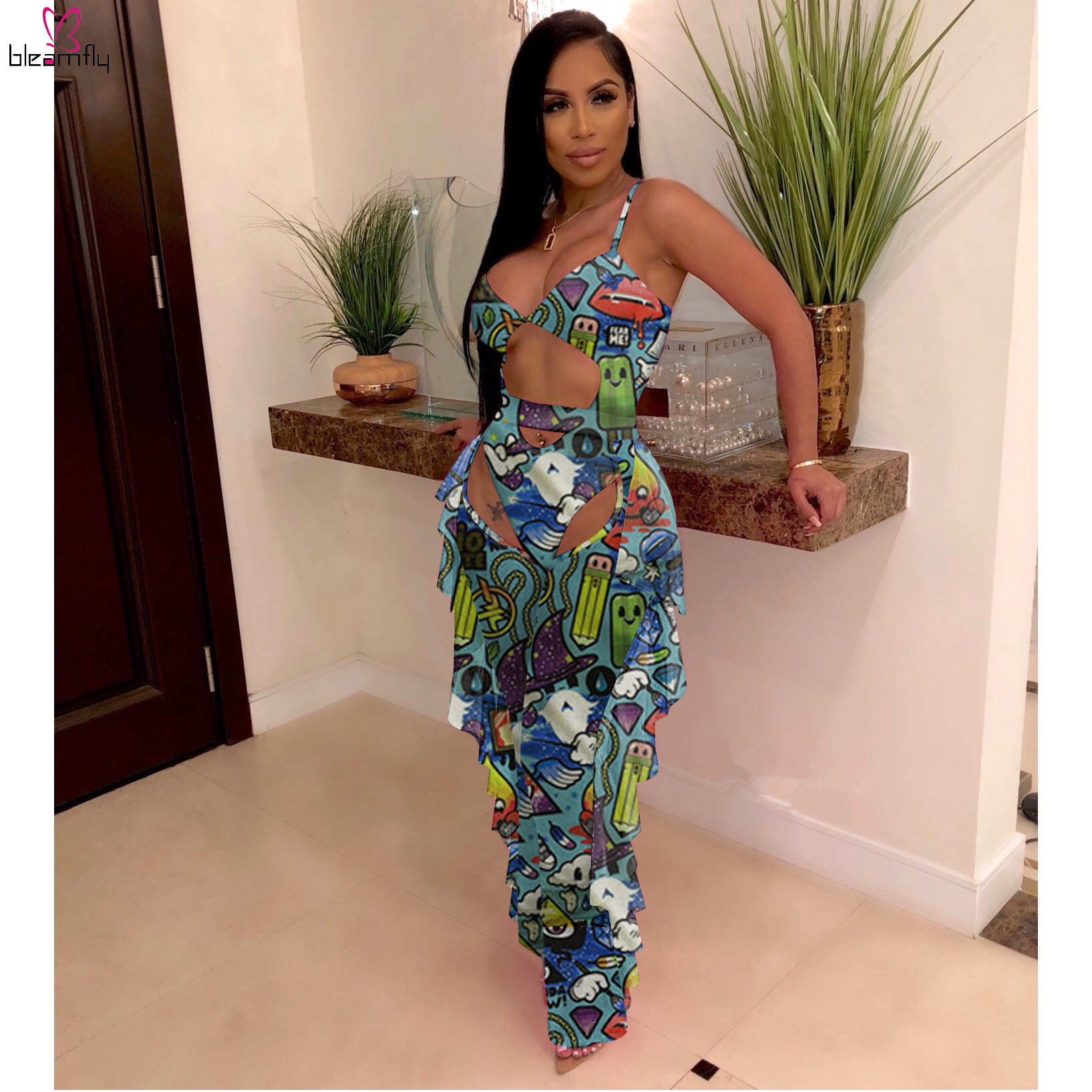 Sheer Mesh Cartoon Character Two Piece Tracksuit Spaghetti Strap Overall And Ruffles Spliced Wide Leg Pant Club Outfit