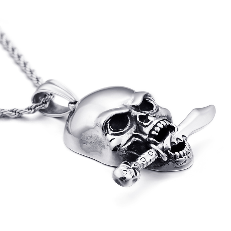 Skeleton Skull Knife Pendants Necklace Cool Men Punk Hip Hop 316L Stainless Steel New Fashion Casting Jewelry