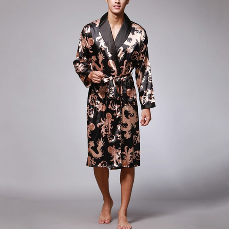 Stylish Mens Robe Long Sleeves Bathrobe Silk Kimono Lucky Dragon Print Pajamas Night Dressing Gown Masculina Bathrobe Homewear9680028
