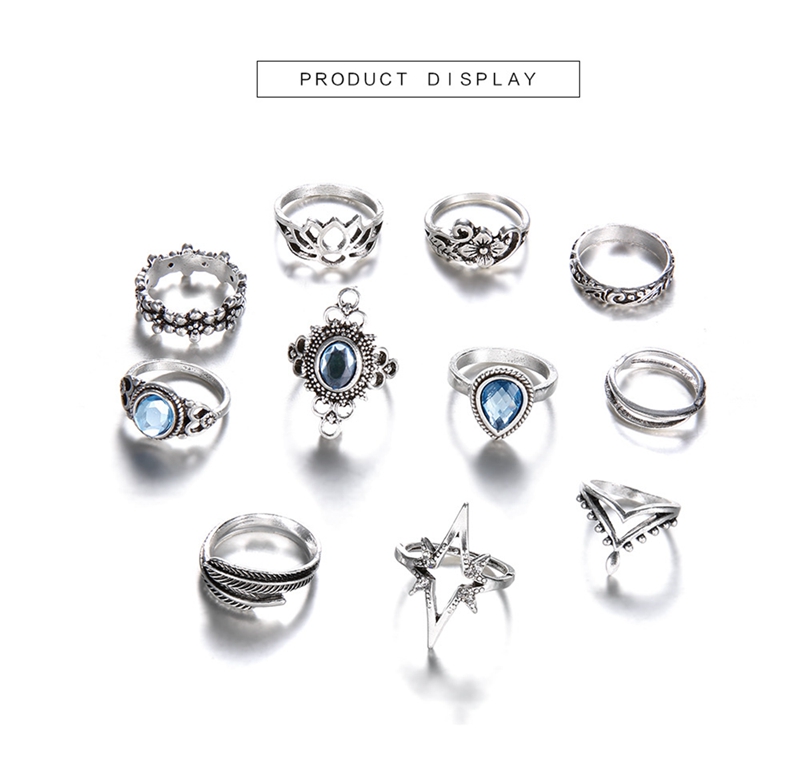 Knuckle ring set retro diamond carved starry gemstone 11 piece set boho can be superimposed ring female silver