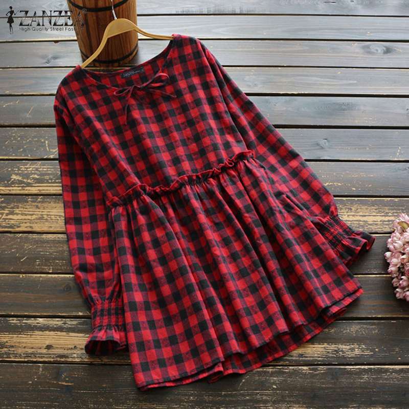 2020 Spring Plaid Checked Blouse ZANZEA Women Vintage Long Sleeve Ruffles Shirt Casual O Neck Tunic Tops Femme Retro Blusas 5XL, Red 
2020 Spring Plaid Checked Blouse ZANZEA Women Vintage Long Sleeve Ruffles Shirt Casual O Neck Tunic Tops Femme Retro Blusas 5XL, Red