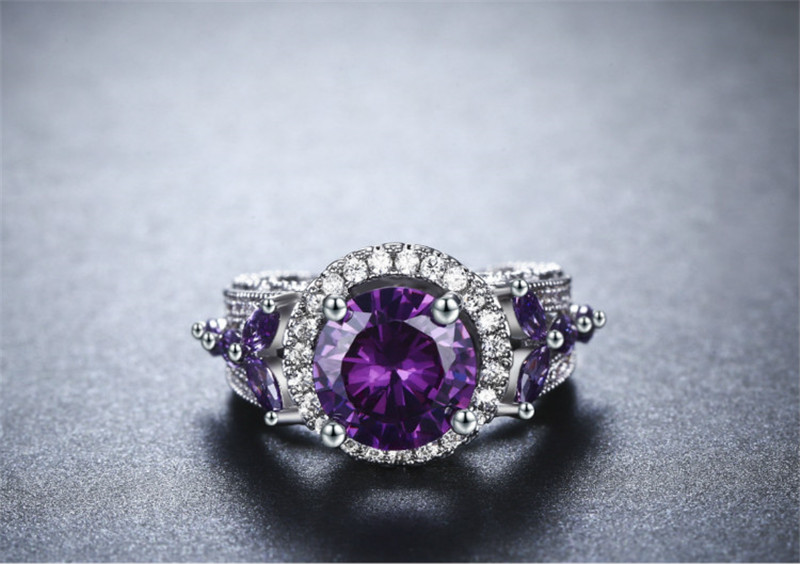 Vecalon Hollow Flower ring 925 Sterling silver Filled Round 2ct 5A Purple Cz Party wedding band rings For women men Jewelry