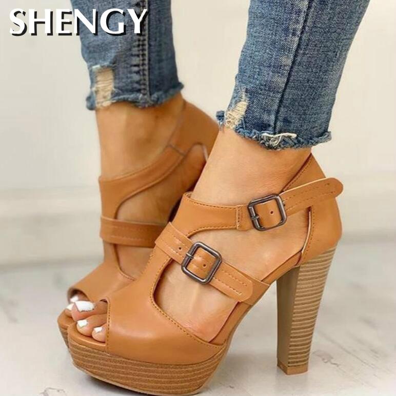 SHENGY 2020 Summer Women Shoes Fashion High Heel Shoes Sandals Peep Toe Platform Pumps Buckle Pumps Office, Brown