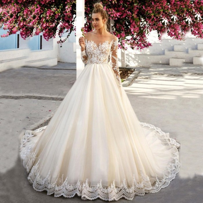 A-line Wedding Dresses 2020 Vestidos De Novia Tulle Long Sleeve Appliques Lace Skin Color Transparent Bridal Gowns