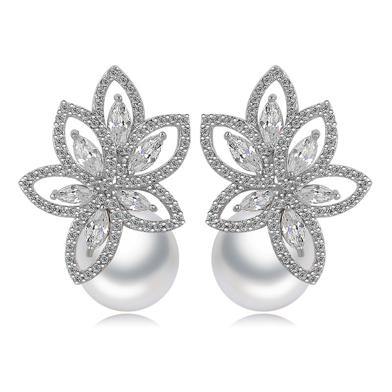 Pearl Flower Drop Earrings Bling White Zircon Fine Jewelry Wedding Dangle Earrings for Women Girl Gift