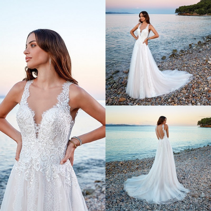 eddy k wedding dresses v neckline lace bridal gowns with beads abiti da sposa button back boho a line wedding dress cheap