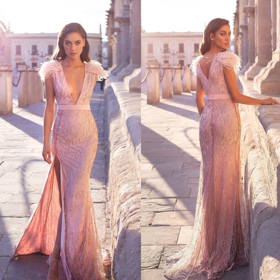Designer Mermaid Prom Dresses 2019 Sleeveless Sequined Side Split Evening Dress robes de soirée Feathers Cocktail Party Dresses