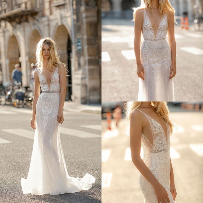 Gali Karten 2019 Mermaid Wedding Dresses Sexy Illusion V Neck Lace Appliqued Sweep Train Wedding Gowns Beads Beach Plus Size Bridal Dress