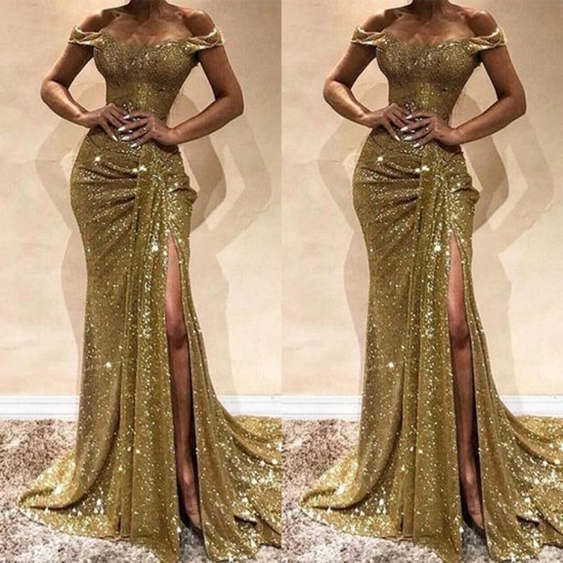Bling Bling Sequin Split Prom Dresses Mermaid Off the Shoulder Evening Gowns Ruffled Skirt High Slit Zipper Up Back Formal Party