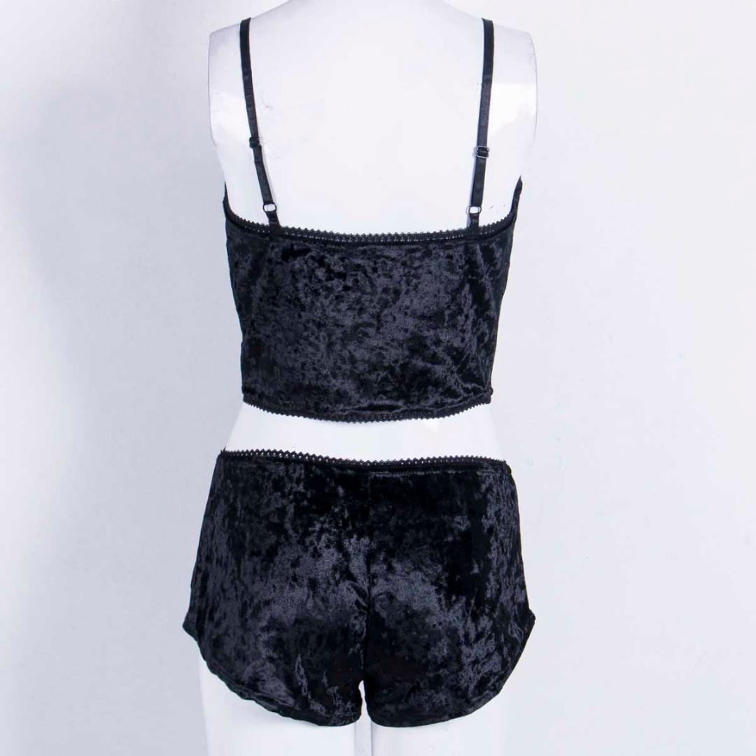 Women Sexy Velvet Two-piece Lingerie Crop Top+Shorts Sleepwear Lace Nightwear Underwear Pajamas Chemise Sets Black Pink Gray