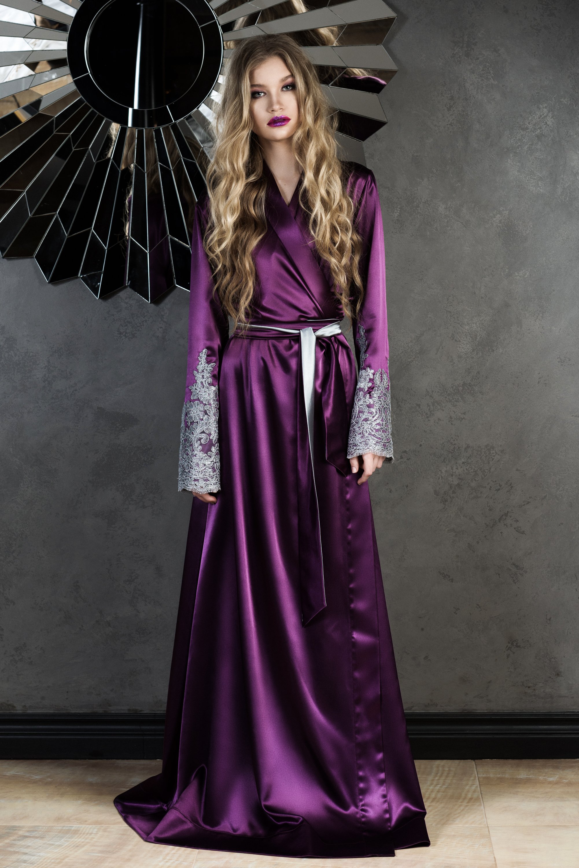 Purple Bridal Bathrobe Full Length Lingerie Nightgown Pajamas Sleepwear Lace Luxury Dressing Gowns Housecoat Nightwear Lounge Wear