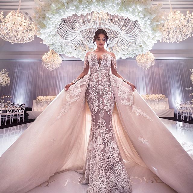 Luxury Mermaid Wedding Dresses With Detachable Train Full Lace Applique Sweep Train Country Bridal Gowns Sheer Jewel Neck Robes De Mariée