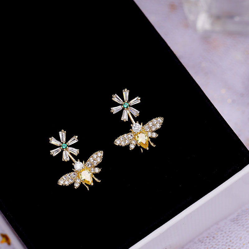 Shining Bling Flower Bee S925 Silver Needle Dangle Drop Earrings White Zircon Gold Plated Earring Jewelry Wholesale