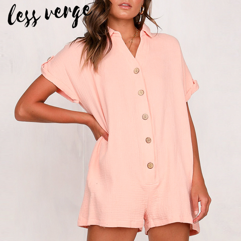 Lessverge Casual Summer Khaki Linen Jumpsuit Women White Button Pockets Beach Rompers Loose Short Sleeve Playsuit Overalls 2019 Y190502